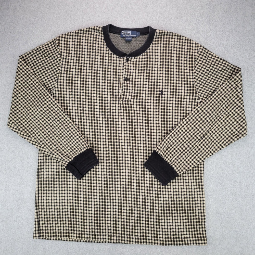 Vintage Polo Ralph Lauren Henley Shirt Mens L Tan Black Houndstooth Long Sleeve